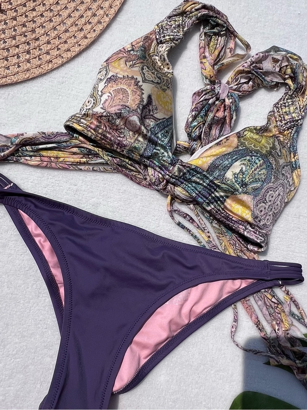 Victoria’s Secret Bikini Set Large Paisley Fringe Top Plum Super Strappy Itsy L